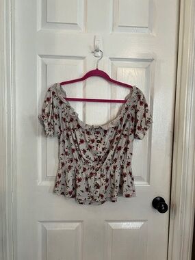 Ruffled Off-Shoulder Floral Blouse - White with Red Rose Print